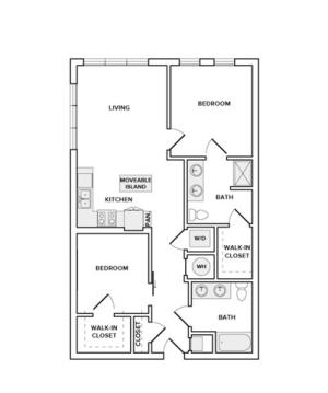 1017 square foot two bedroom two bath apartment floorplan image