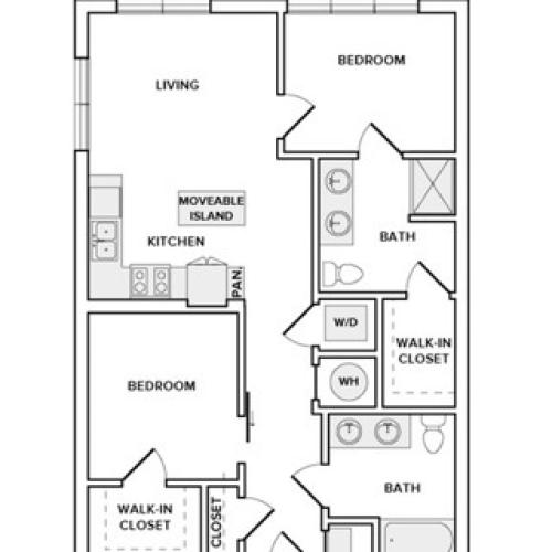 899 square foot two bedroom two bath apartment floorplan image