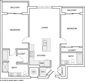 1044 square foot two bedroom two bath apartment floorplan image
