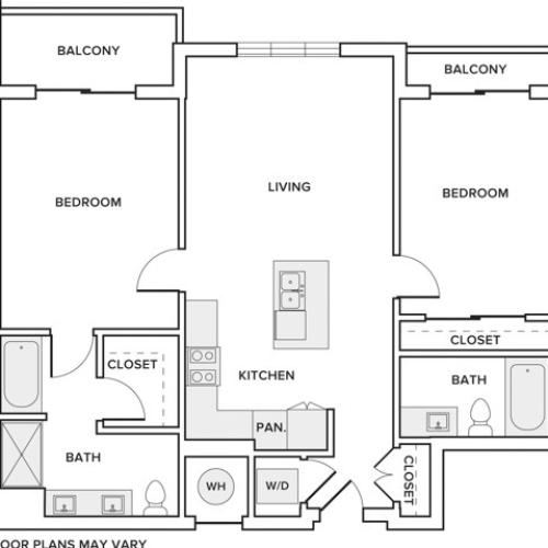 1044 square foot two bedroom two bath apartment floorplan image