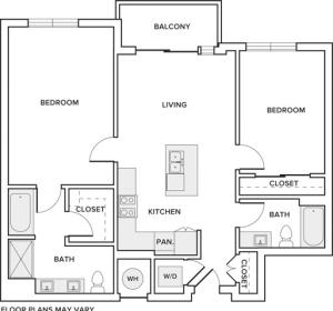 1027 square foot two bedroom two bath apartment floorplan image