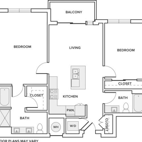 1027 square foot two bedroom two bath apartment floorplan image