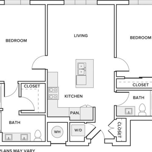 1053 square foot two bedroom two bath apartment floorplan image