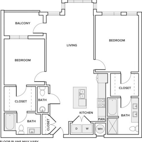 1222 square foot two bedroom two bath apartment floorplan image