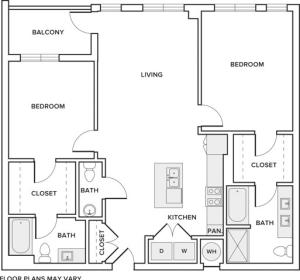 1189 square foot two bedroom two bath apartment floorplan image