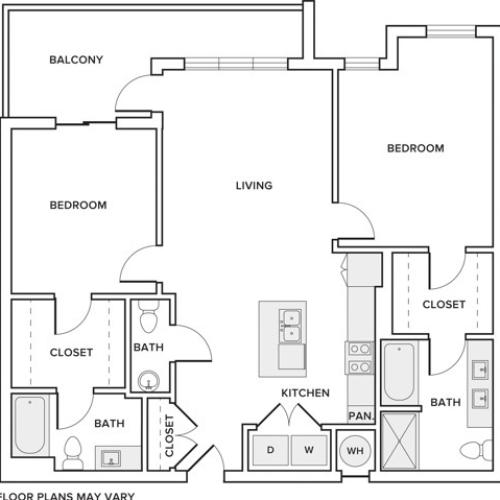 1144 square foot two bedroom two bath apartment floorplan image