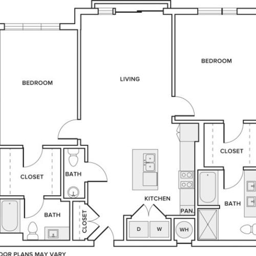 1172 square foot two bedroom two bath apartment floorplan image