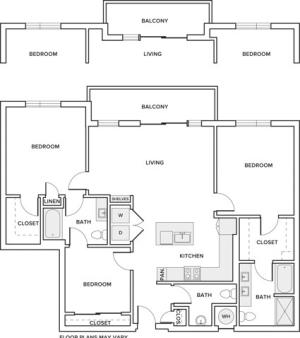 1379 square foot three bedroom two bath apartment floorplan image