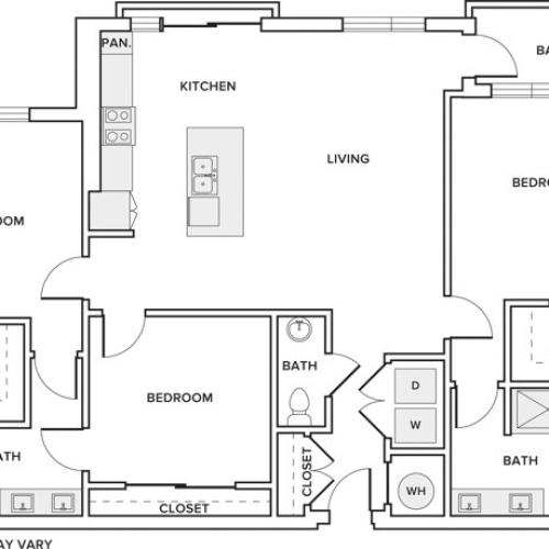 1484 square foot three bedroom two and half bath apartment floorplan image