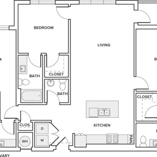 1500 square foot three bedroom two bath and half apartment floorplan image