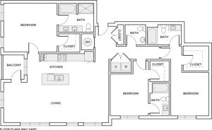 1741 square foot three bedroom three and half bath apartment floorplan image