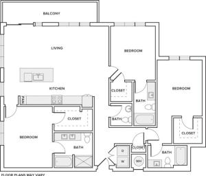 1611 square foot three bedroom three and half bath apartment floorplan image