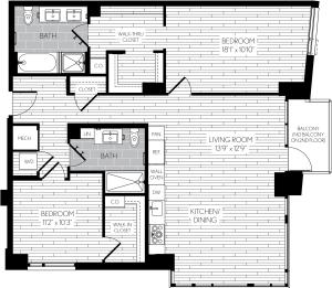 1139 square foot two bedroom two bath apartment floorplan image