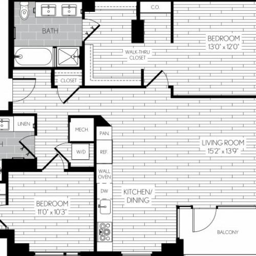 1219 square foot two bedroom two bath apartment floorplan image