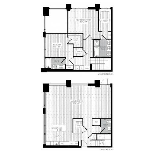 1863 square foot two bedroom two and a half bath two level apartment floorplan image