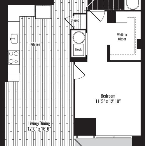 740 square foot one bedroom one bath apartment floorplan image