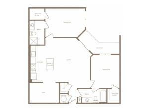 1163 square foot two bedroom two bath with den apartment floorplan image