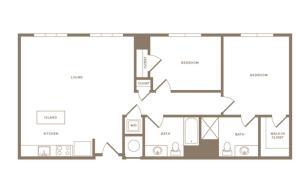 1109 square foot two bedroom two bath apartment floorplan image