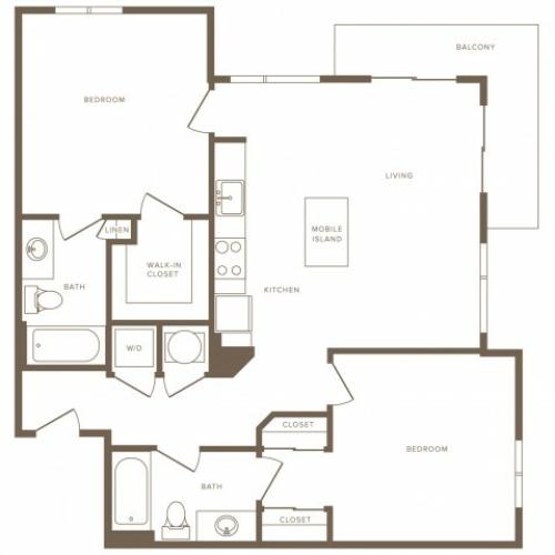 1048 square foot two bedroom two bath apartment floorplan image