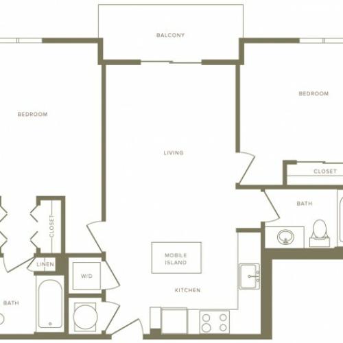 943 square foot two bedroom two bath apartment floorplan image