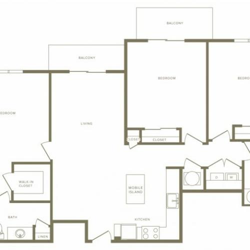 1385 square foot three bedroom two bath apartment floorplan image