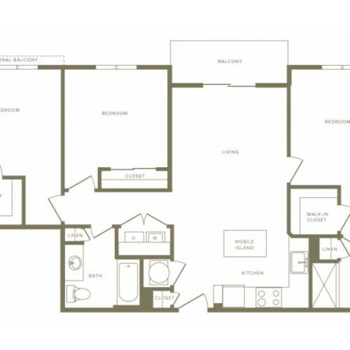 1215 square foot three bedroom two bath apartment floorplan image