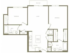 990 square foot two bedroom two bath apartment floorplan image