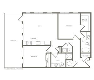 977 square foot two bedroom two bath apartment floorplan image