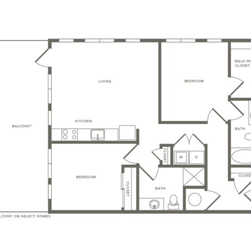 977 square foot two bedroom two bath apartment floorplan image