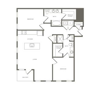 1161 square foot two bedroom two bath apartment floorplan image