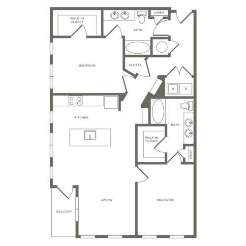 1202 square foot two bedroom two bath apartment floorplan image