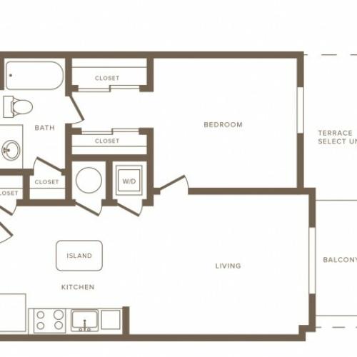 730 square foot  one bedroom one bath apartment floorplan image