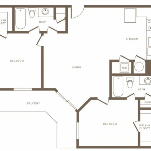 1128 square foot two bedroom two bath phase II apartment floorplan image
