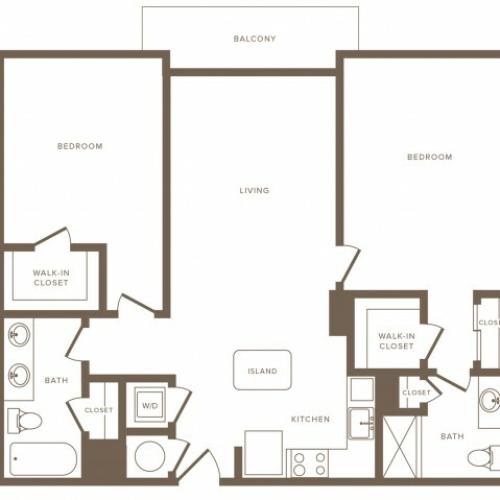 1161 square foot two bedroom two bath phase II apartment floorplan image