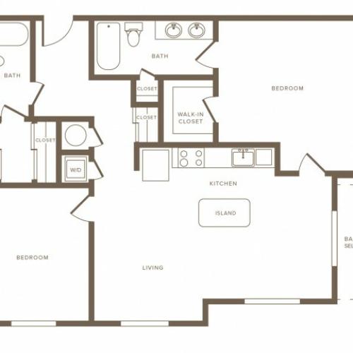 1174 square foot two bedroom two bath phase II apartment floorplan image