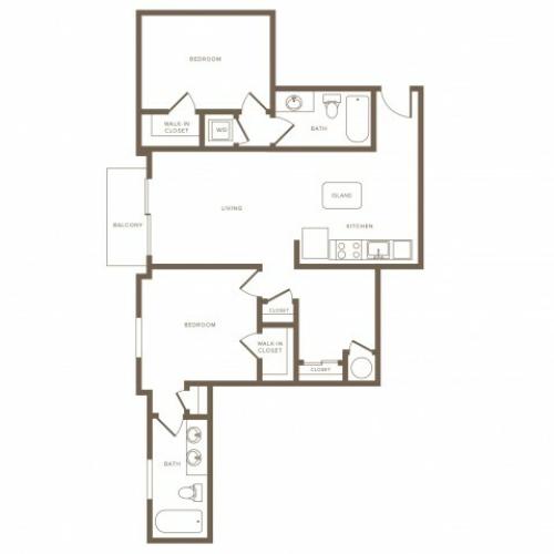 1199 square foot two bedroom two bath phase II apartment floorplan image
