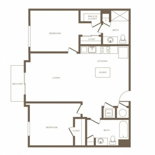 1059 square foot two bedroom two bath phase II apartment floorplan image