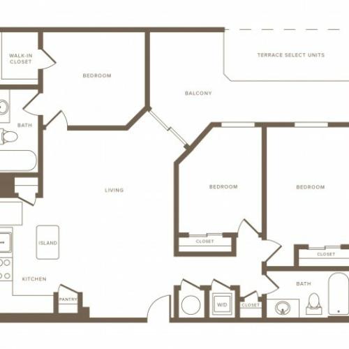 1250 square foot three bedroom two bath floor plan image