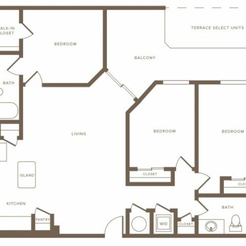 1250 square foot three bedroom two bath phase II apartment floorplan image