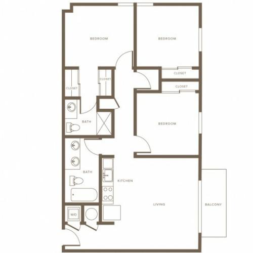 1176 square foot three bedroom two bath phase II apartment floorplan image