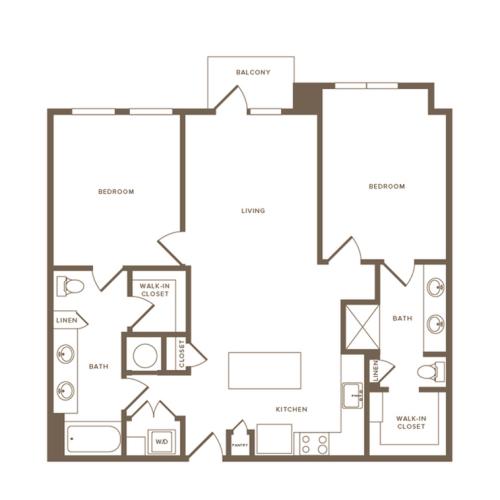 1160 square foot two bedroom two bath apartment floorplan image