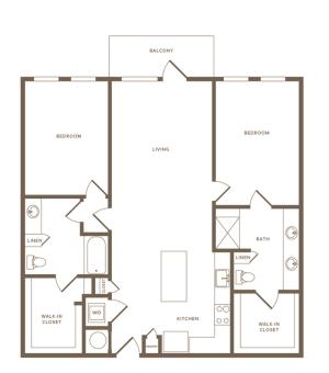 1226 square foot two bedroom two bath apartment floorplan image
