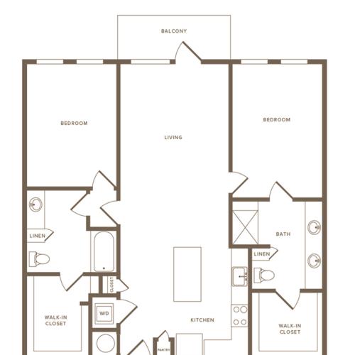 1226 square foot two bedroom two bath apartment floorplan image