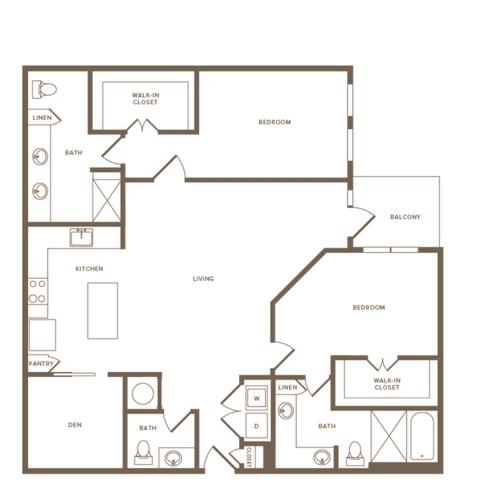 1550 square foot two bedroom two and a half bath with den apartment floorplan image