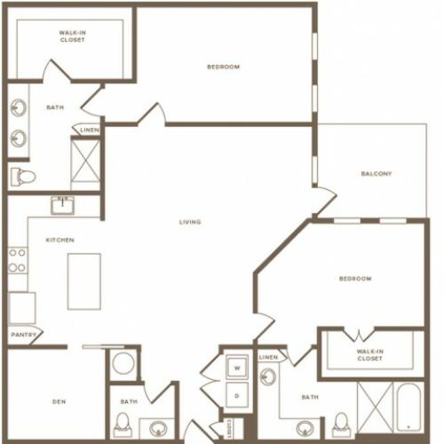 1634 square foot two bedroom two and a half bath with den apartment floorplan image