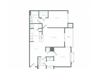1013 square foot two bedroom two bath apartment floorplan image