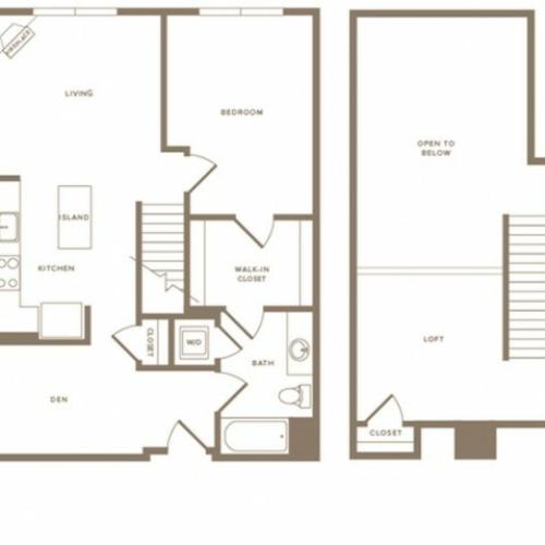 996 square foot one bedroom one bath with den loft apartment floorplan image