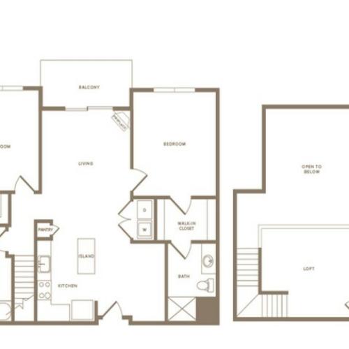 1321 square foot two bedroom two bath loft apartment floorplan image