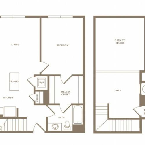 884 square foot one bedroom one bath loft apartment floorplan image