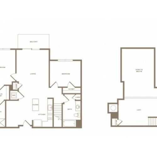 1288 square foot two bedroom two bath loft apartment floorplan image